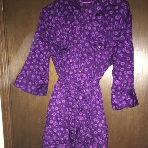 Purple Floral Pattern Button Down Dress with Belt
